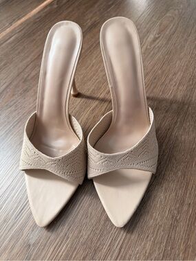 Beige Pointed-Toe Mule Heels - Women's Slip-On Dress Shoes